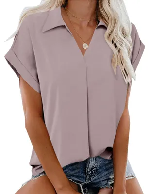 Productafbeelding van Gaharu dames zomerwerkblouse met V-hals, korte mouwen, revers en als top of tuniek. (A)