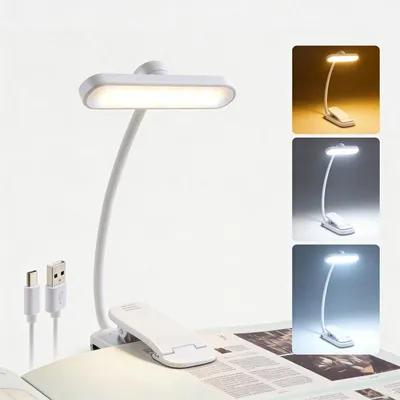 Zdjęcie produktu dla Regulowana lampka do czytania z klipsami do książek, 3 tryby kolorystyczne, zasilana baterią USB