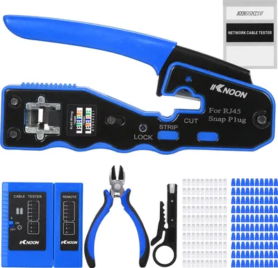 Obrázok produktu pre Sada krimpovacích nástrojov RJ45 všetko v jednom - krimpovací nástroj pre Cat5e/Cat6/Cat6a so 100 zástrčkami, 100 ochrannými krytkami, testerom káblov a náhradnými čepeľami