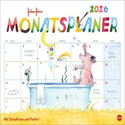 A watercolor illustration of animals in a bathtub, with a calendar grid overlay.