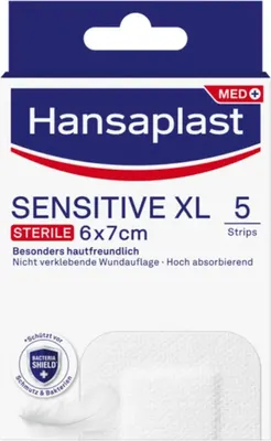 Packaging for Hansaplast Sensitive XL sterile wound dressings.