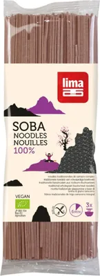 A package of Lima brand 100% Soba noodles with a nature-themed illustration.