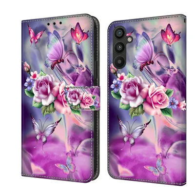 Produktbild von CLM-Tech Handyhülle kompatibel mit Samsung Galaxy A16 5G Hülle - Tasche aus Kunstleder - Klapphülle mit Ständer und Kartenfächern - Schutzhülle Wallet Case Cover lila Blumen Schmetterlinge