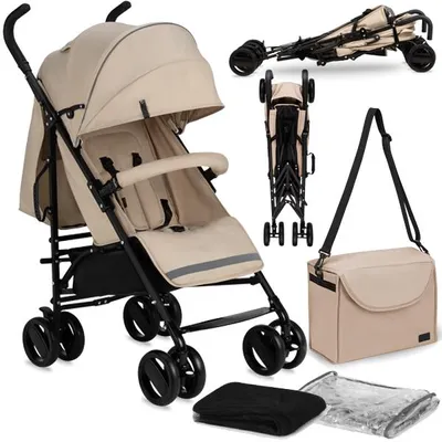 A collage of images showing a beige baby stroller and its accessories.