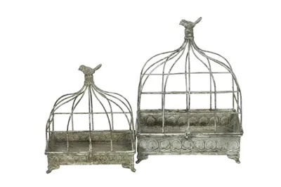Produktbild von Schale Dekorative Metallschalen mit Haube 2er Set Vintage Pflanz- und Dekokäfig aus Metall Grau-Braun – 28 x 19 x H38 cm & 23 x 14 x H28 cm