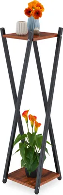 Obrázek produktu pro Květinový stojan Relaxdays, 2 patra v imitaci dřeva, kov/MDF, moderní květinový stolek, rozměry: 99 x 29 x 29 cm, černá/tmavě hnědá