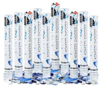Produktbild von 10 x Party Popper 40 cm, Blau Silber, 6-8m Effekthöhe, Hochzeit, Geburtstag, Karneval, bunter Konfettiregen, blau