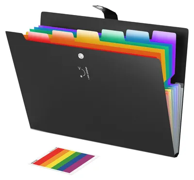 Produktbild von Erweiterbare Dokumentenmappe, 7 Fächer, ziehharmonikaförmiger Dokumentenorganizer, Mappe im Brieftaschenstil, A4-Format, Kunststoff, dehnbare Dokumentenhüllen mit Druckknopfverschluss, 24 farbige Etiketten