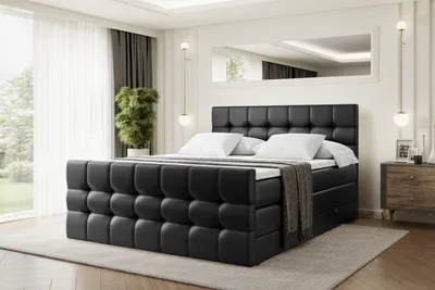 Produktbild von ALTDECOR Boxspringbett mit Matratze und Lattenrost  - BERO -Z KING  - 200x200 cm  - Schwarz Kunstleder - Topper, Fußteil, Polsterbett mit Bettkasten, Bett mit Stauraum H3 - und H4 - Matratze, Doppelbett, Springboxbett