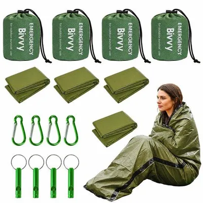 Productafbeelding van 4 stuks Noodslaapzak, Survival-Bivakzak, Reddingsdeken met Karabijnhaak, Signaalfluitje, Survivaluitrusting voor Outdoor, Camping, Bivou