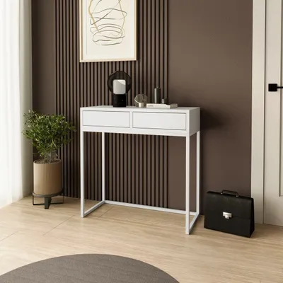 Image de SofaStyle Console LANGO 80 cm - Console à 2 tiroirs, coiffeuse, blanche avec pieds métalliques blancs