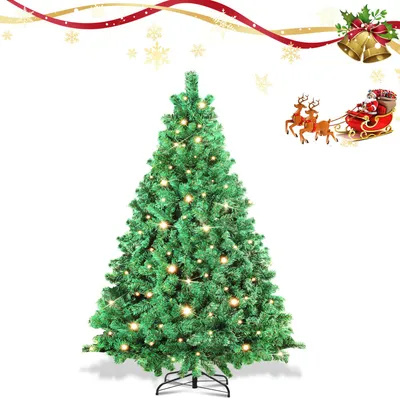 Produktbild von Ikodm 150cm Künstlicher Weihnachtsbaum mit LED-Beleuchtung 200 LEDs Warmweiß inkl. Metallfuß mit 550 Spitzen Christbaum Tannenbaum PVC Grün