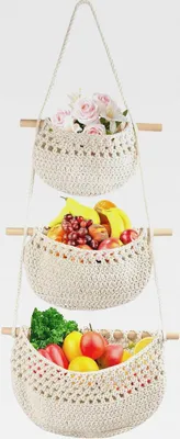 Produktbild von Obstkorb Hängend 3 Stöckiger Hängekorb Küche, Handgewebte Hängekorb Obst, Hängender Wandtasche Organizer für Obst, Snack und Gemüse Aufbewahrung