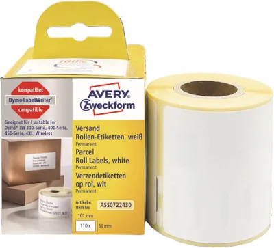 Produktbild von Avery Zweckform ASS0722430, Rollen-Etiketten, 54 x 101  mm, 110 Etiketten / 1 Rolle, weiß