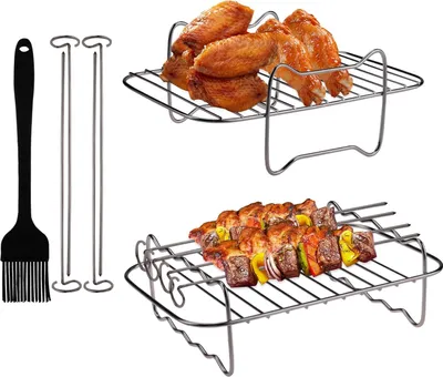 Produktbild von Heissluftfritteuse Zubehör, Edelstahl Luftfritteusenständer Grillrost, Heißluftfritteuse Zubehör, Airfryer Zubehör Rack, mit 4 Spießen, 1 Ölbürste, für Ninja DualZone DZ201/401 Air Fryer