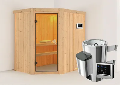 Produktbild von Karibu Sauna Innensauna Saja Eckeinstieg Ofen 3,6 kW externe Strg.easy 196x151x198 cm ohne Dachkranz mit Bronzierter Tür