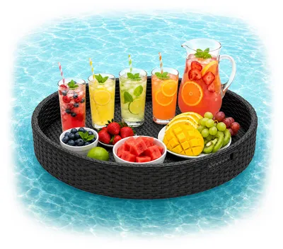 Produktbild von Relaxdays Schwimmendes Tablett, 2 in 1 Pooltablett für Getränke & Snacks, HD: ca. 20x80 cm, Rattan, unsinkbar, schwarz