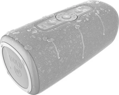 A gray cylindrical Bluetooth speaker with water droplets on its surface.