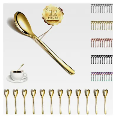 Produktbild von Goldene Teelöffel 12 Stück, 14 cm Edelstahl Kaffeelöffel, Dessertlöffel, Espressolöffel, Kleine Löffel, Besteckset, Spülmaschinenfest