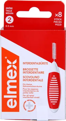 Produktbild von elmex Interdentalbürsten Gr. 2, Thermoplastisches Elastomer (TPE), 0,5 mm, Polypropylen (PP), Vor dem Gebrauch Hände waschen Bürste am Griff halten und Zahnzwischenräume mit 3 bis 4..., 8 Stück(e), Box
