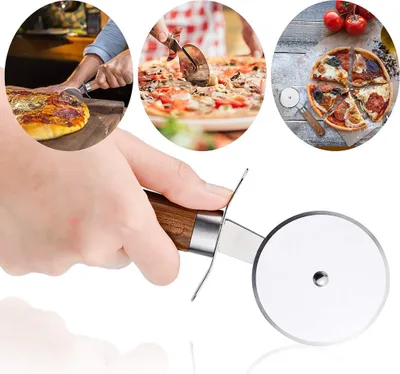 Obrázek produktu pro Kuchyňský kráječ na pizzu z nerezové oceli s protiskluzovou dřevěnou rukojetí