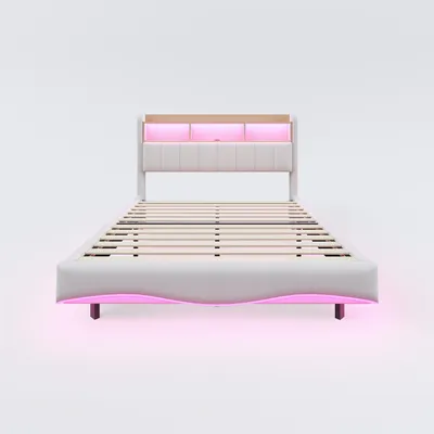 Produktbild von Flieks Polsterbett 140x200cm mit Ladefunktion, Doppelbett Jugendbett mit Led, Stauraumbett Holzbett mit Stauraumkopfteil, Schwebebett Leinen, Beige