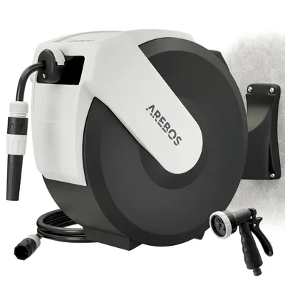 Obrázok produktu pre AREBOS Navíjací bubon 35 m Navíjací bubon na záhradnú hadicu Automatický nástenný box na hadicu Otočný o 180° Funkcia zastavenia 7 režimov striekania Ručná sprcha