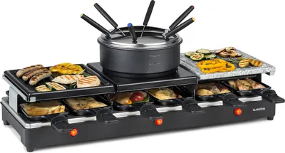 Produktbild von Klarstein Fonduelette XL - 3-in-1 Raclette-Grill & Fondue, 1650 Watt, 3-in-1 Grill: Metall- /Naturstein-/Crêpesplatte, 3 separate Edelstahl-Heizelemente, bis 12 Personen, Antihaftbeschichtung, schwarz