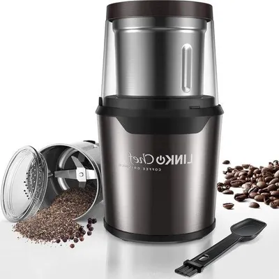 Immagine prodotto di Macinacaffè elettrico per chicchi, spezie ed erbe aromatiche - Per ingredienti secchi e umidi - Contenitore in acciaio rimovibile - Capacità 80 g - 12 tazze da caffè - Nero