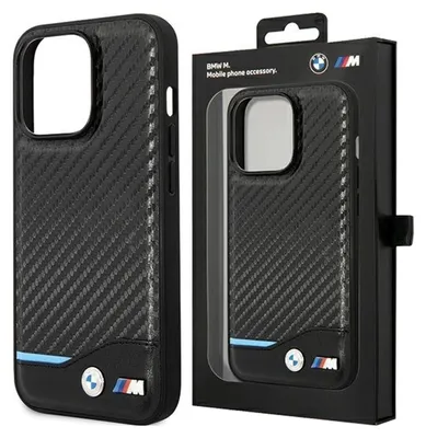 A BMW M branded iPhone case is shown in its packaging.