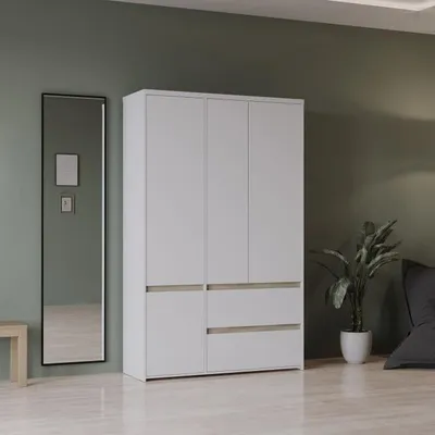 Productafbeelding van Kledingkast CLYDE, wit en eikenhoutdecor, 4 deuren, 138,2 x 50 x 220,5 cm