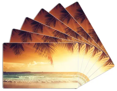 Produktbild von Wallario Frühstücksbrettchen 6er Set aus Glas, je 14 x 23 cm, mit rutschfesten Füßen, Motiv Sonnenuntergang am Strand in der Karibik