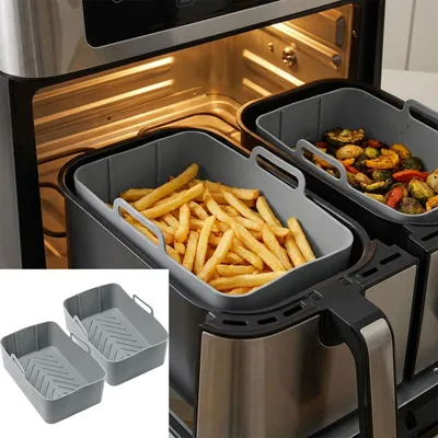 Produktbild von 2er-Set Hochwertige Silikonform für Dual-Heissluftfritteuse, grau, 20 x 12,7 x 7 cm, Antihaft, hitzebeständig & spülmaschinenfest