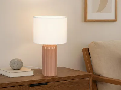 Produktbild von LED Tischlampe mit Keramikfuß Mocca & Stoffschirm Beige, Nachttischlampe H: 36cm