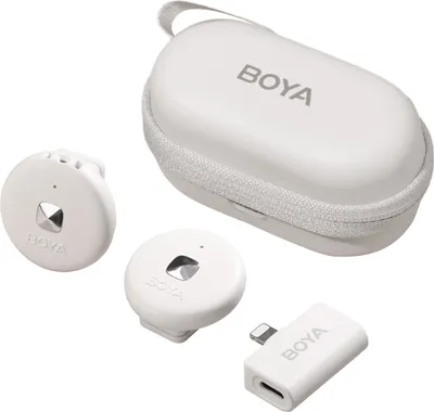 Obrázek produktu pro BOYA Omic-DW Bezdrátový mikrofonní systém s 1 přijímačem + 2 vysílači + 1 nabíjecím boxem, dosah přenosu 50 m, integrovaná náhradní baterie pro iPhone 14/13/12/11, živé vysílání, rozhovory, vlogy