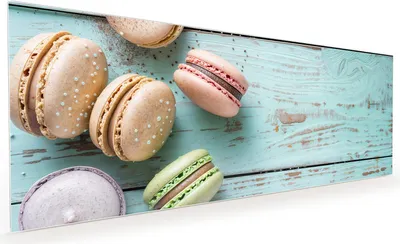 Produktbild von Küchenrückwand Spritzschutz Glas mit Motiv Macarons auf Holz 40 x 40 cm