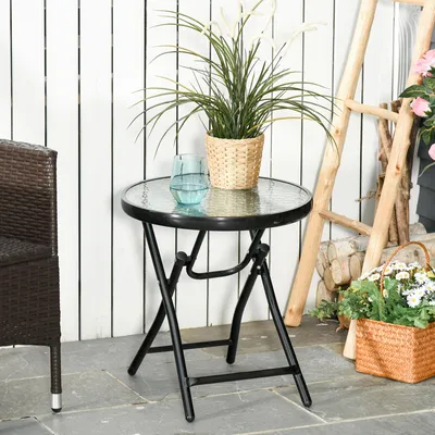 Produktbild von Gartentisch klappbar rund, Beistelltisch Balkontisch wetterfest, Klapptisch Hartglas Metallgestell, Schwarz | Ø45 x H50 cm | 3,4 kg
