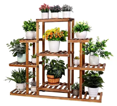 Produktbild von Pflanzenregal aus Holz, Blumenständer mit 9 Ablagen, mehrstöckiges Blumenregal für Innen- und Außenbereich, 115x25x96,5 cm