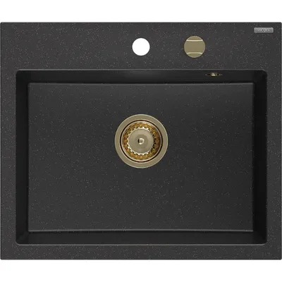 Zdjęcie produktu dla Mexen Oscar zlewozmywak granitowy 1-komorowy 580 x 490 mm, czarny/srebrny metalik, syfon złoty - 6519581000-73-G