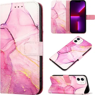Produktbild von iPhone 12 Hülle, Marmor Motiv Kunstleder Tasche Wallet Kartenfächer mit Standfunktion Klapp Schutzhülle für iPhone 12 Rosa