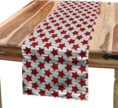 Produktbild von ABAKUHAUS Sterne Tischläufer, Fünf spitze Sterne mit Punkten auf maritimem inspiriertem gestreiftem Hintergrund, 40 x 225 cm, Blassblau Ruby und Elfenbein