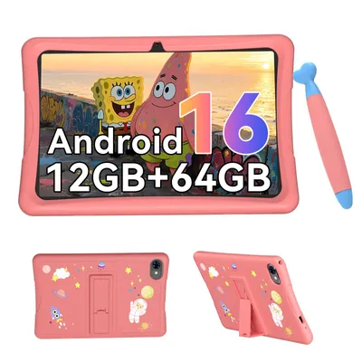 Produktbild von VekfulPC Kinder Tablet 10,1", Android 16, 12GB+64GB, 5000mAh, WiFi, GMS, Robuste Hülle, Kinder-Modus, Lern- und Spieltablet, Eltern-Kontrolle, Rosa