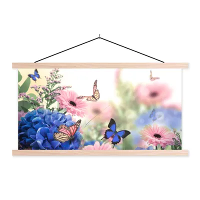 Produktbild von MuchoWow® Textilposter Schmetterlinge - Blumen - Hortensien - Insekten 60x30 cm mit holzfarbenen Rahmen - Dekoration