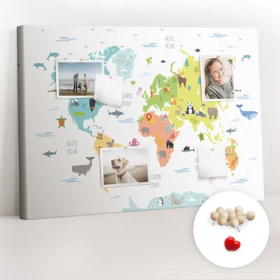 Produktbild von Korkwand mit Stecknadeln – Schwarzes Brett mit Stecknadeln für Fotos und Notizen – 100x70 cm – 100 Holz-Stecknadeln – Weltkarte mit Tierdarstellungen