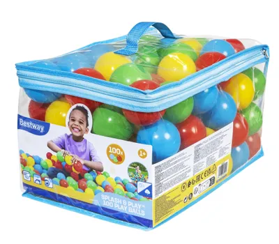 A bag of colorful play balls with a child on the packaging.