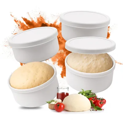 Produktbild von Relaxdays Pizzaballenbox, 4er Set, Silikon, bis 350 g Teig, gefrierfest, HxD: 6,5 x 14,5 cm, Teigbox mit Deckel, weiß