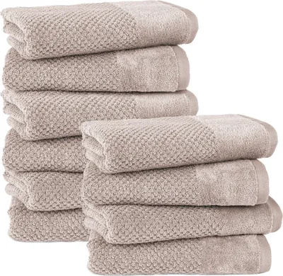 Produktbild von Pure Label 10-TLG Handtücher Set mit Aufhängeschlaufen aus Baumwolle, saugstark und weich | 10er Pack Handtücher 50x100 cm aus Baumwolle, Beige-Taupe