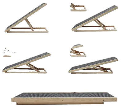 Zdjęcie produktu dla Rampa dla zwierząt domowych, wykonana z drewna sosnowego, z antypoślizgową powierzchnią, wymiary: 100 cm x 40 cm, regulowana wysokość: 30/40/50/60 cm, maksymalne obciążenie: 80 kg