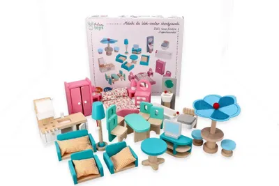 Produktbild von Puppenhaus-Möbel, Großes Möbelset, aus Holz, skandinavisches Set - Möbel für Wohnzimmer, Küche, Esszimmer, Lounge, Schlafzimmer und Terrasse - Stoffkissen - Einrichtung für eine gesamte Puppenstube