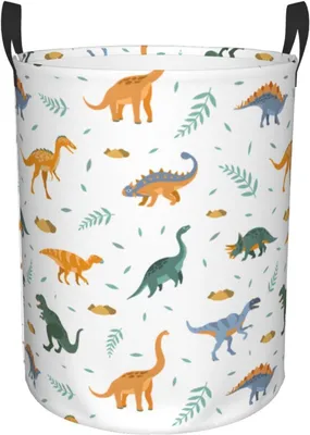 Productafbeelding van Vrijstaande wasmand met dinosaurusmotief en handgrepen, wasbox voor slaapkamer en wasruimte, 34 x 42 cm